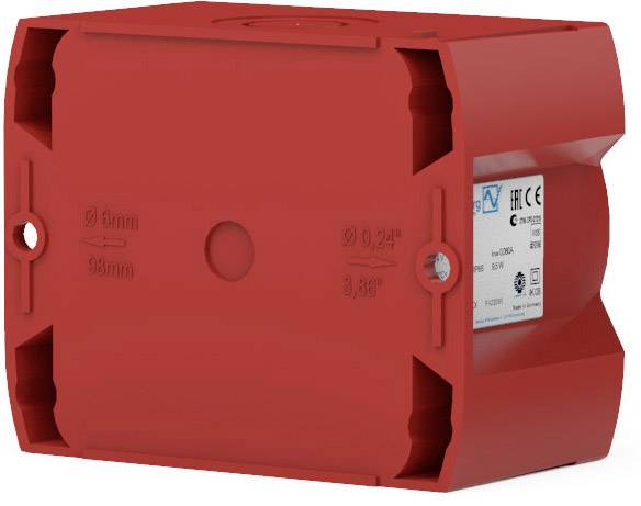 Scatola di derivazione rossa a forma rotonda, per connessioni di cavi, con punti di fissaggio e specifica tecnica sul lato.