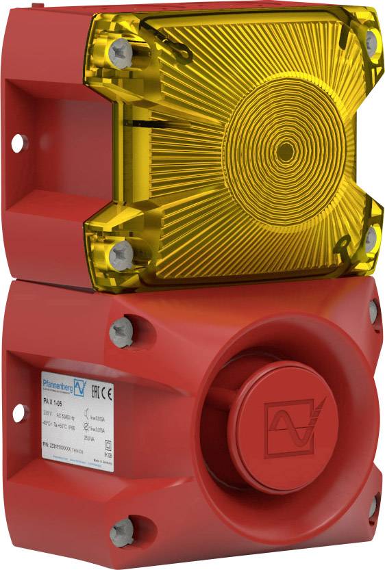 Dispositivo di segnalazione di allarme rosso e giallo con componenti acustiche e visive, montabile, specifiche tecniche sull'etichetta.