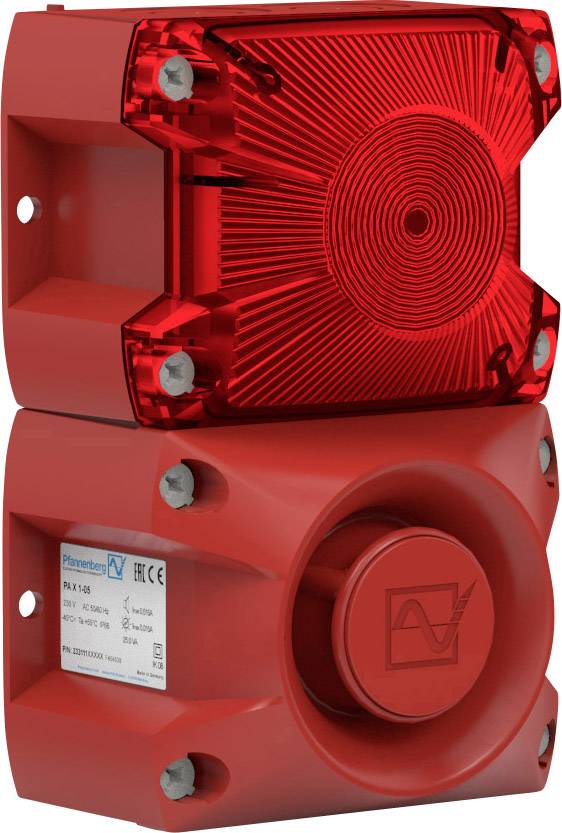 Un dispositivo di allarme industriale rosso con sirena e luce lampeggiante. Montato per applicazioni di sicurezza, ben visibile e appariscente.