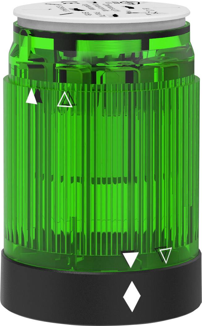 Luce verde con involucro trasparente; base nera, marcature bianche.