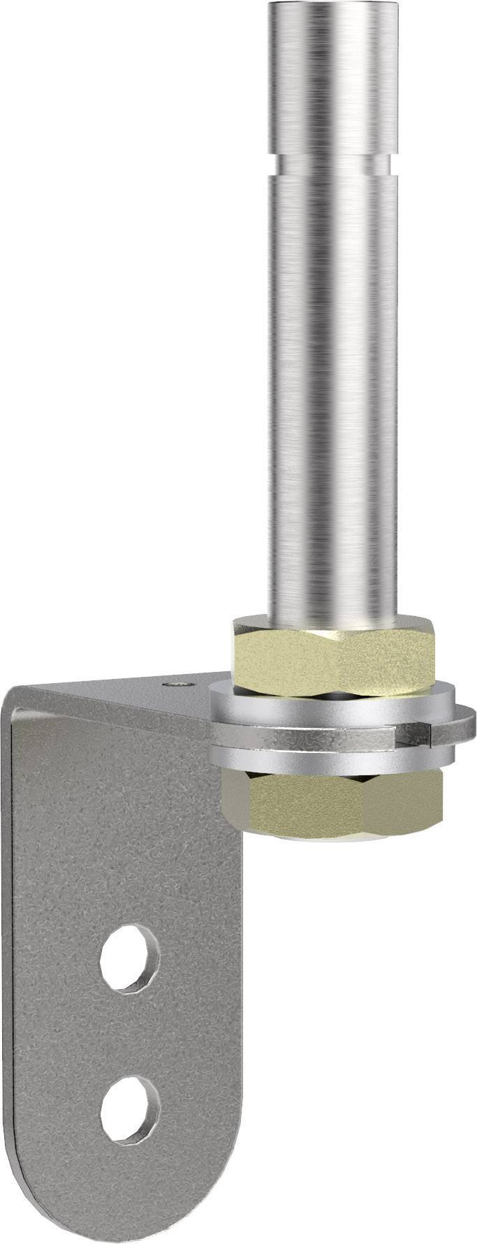 Connettore angolare metallico con perno cilindrico fissato verticalmente, racchiuso da un dado esagonale e una rondella.