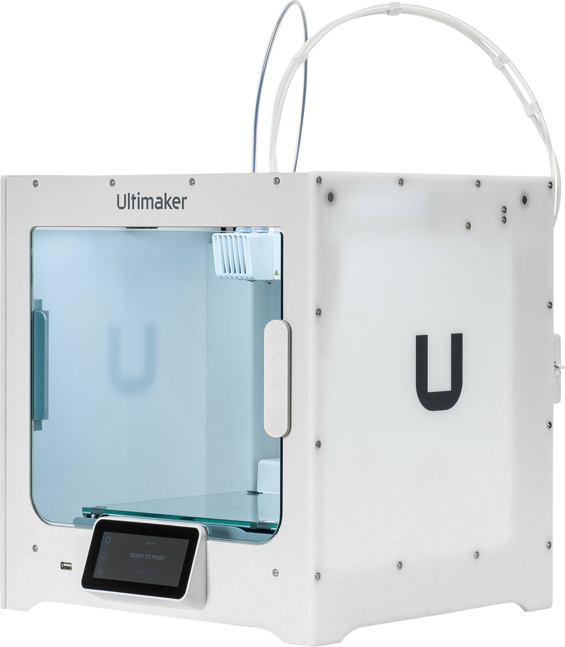 Una stampante 3D di Ultimaker in un involucro bianco a forma di cubo con porta in vetro e display frontale.