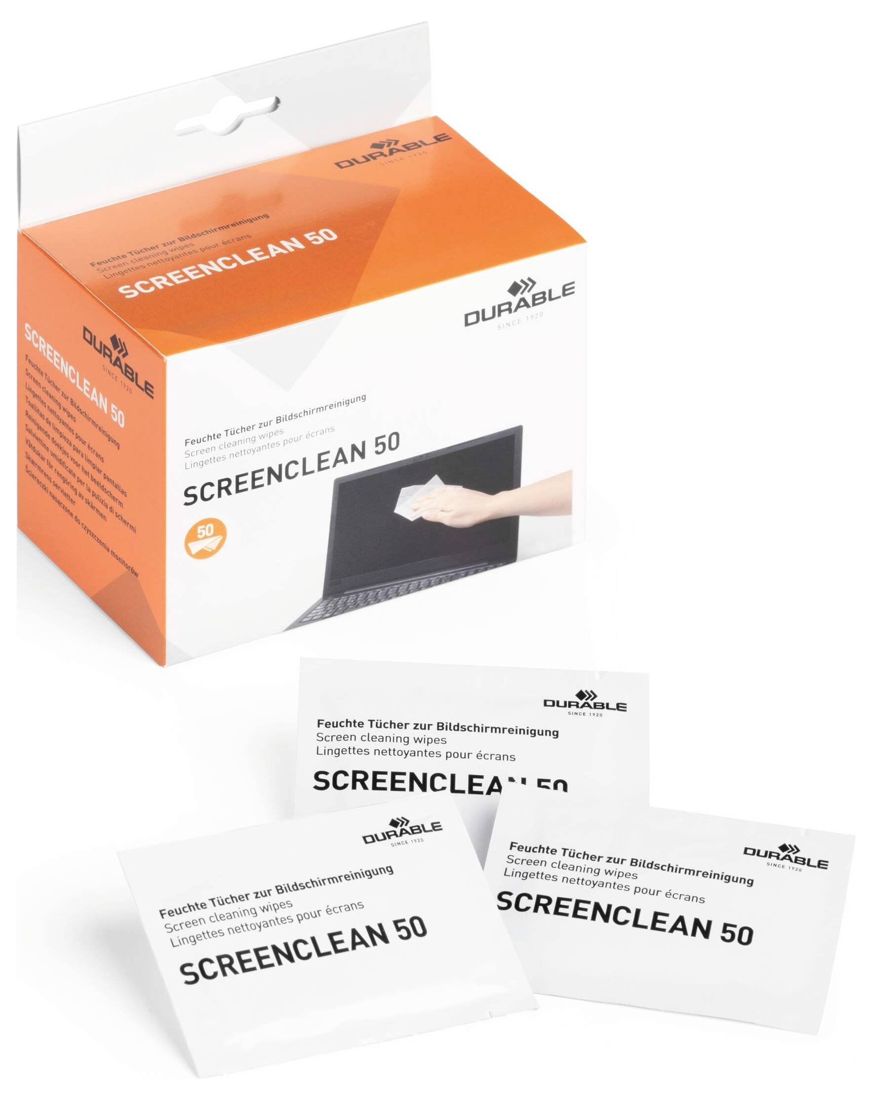 'Durable Screenclean 50' salviette detergenti per schermi, mostrate con tre bustine davanti a una scatola aperta.