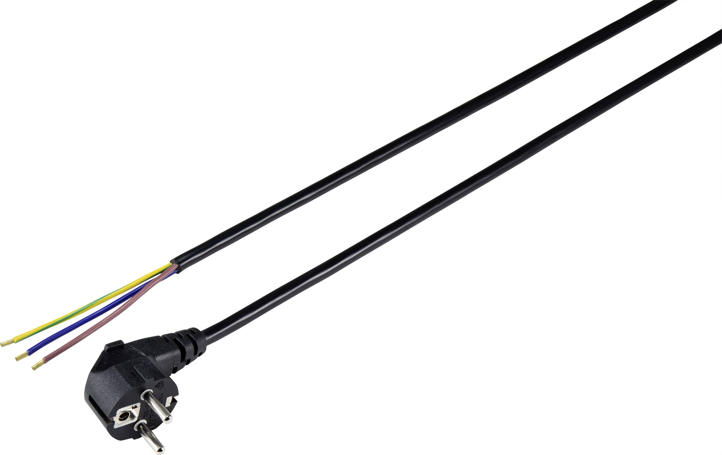 Cavo elettrico nero con spina su un lato e quattro fili isolati di diversi colori (giallo, blu, rosso, nero) sull'altro lato.