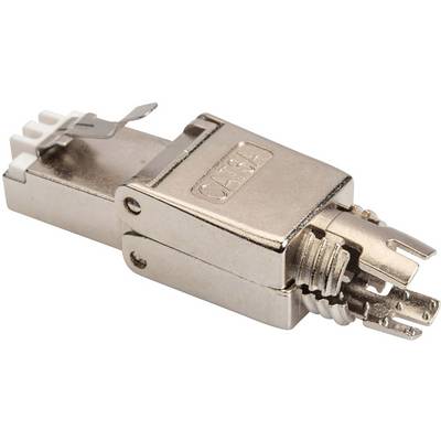 Un connettore di rete metallico CAT 6A, non assemblato, mostra la struttura con morsetti e alloggiamento. È utilizzato per stabilire connessioni Ethernet.