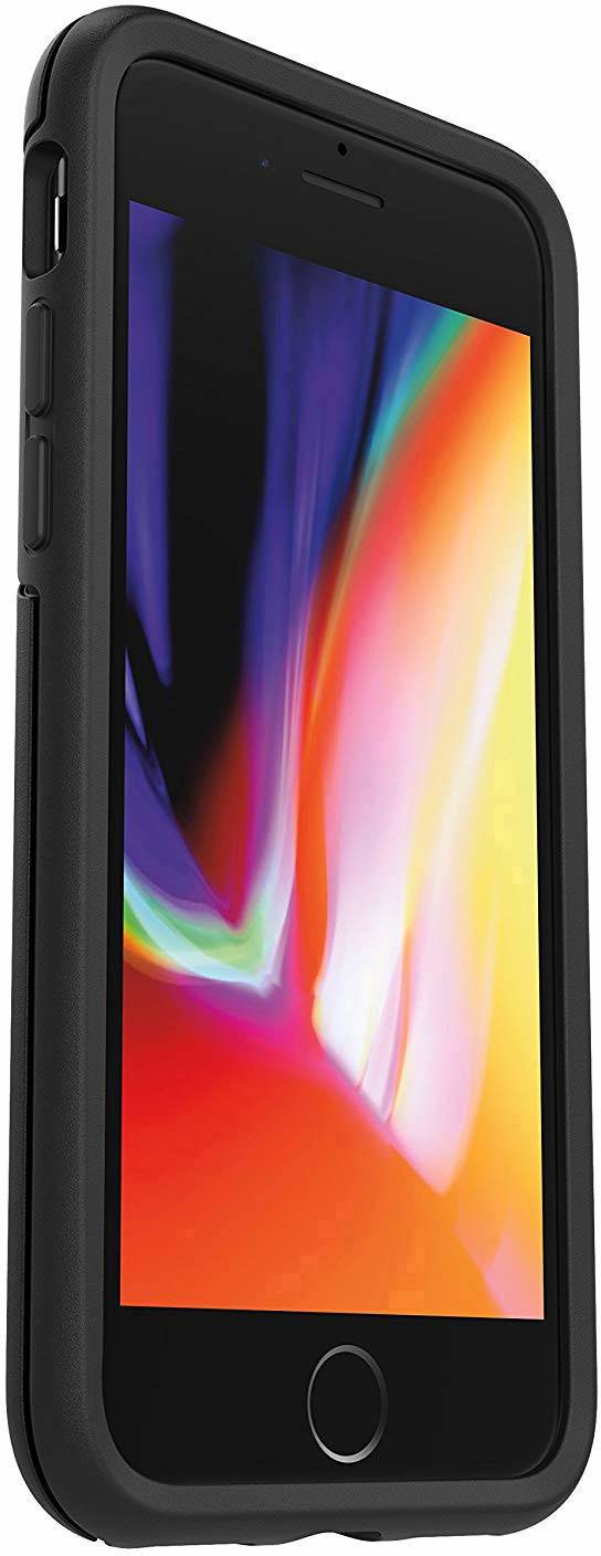 Smartphone nero con display colorato che mostra un pattern astratto e dinamico di colori.