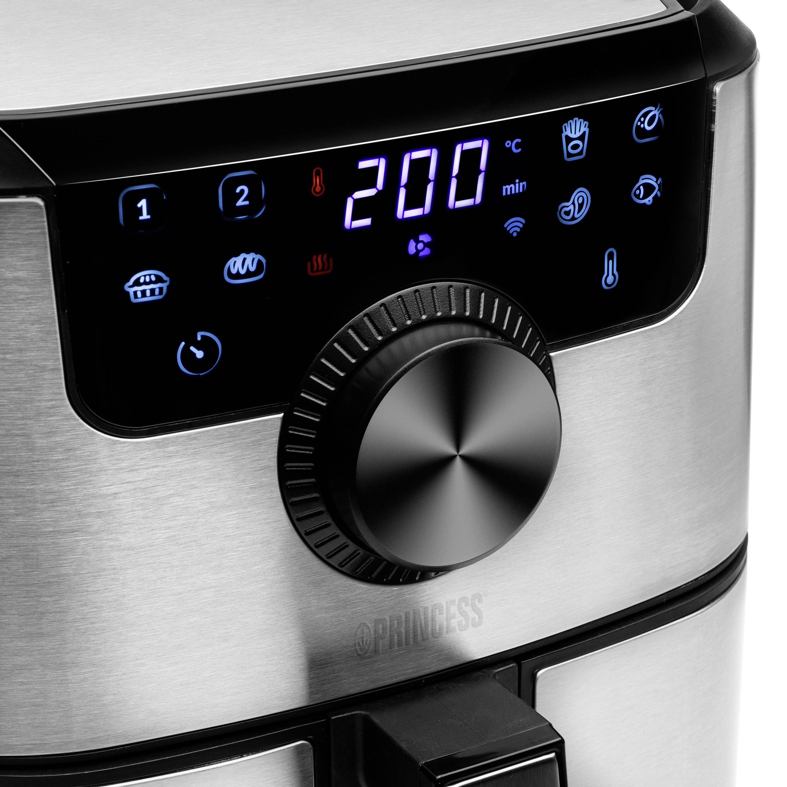 Un friggitrice ad aria digitale con display LED mostra 200 gradi Celsius. La manopola per la regolazione della temperatura è posizionata centralmente.