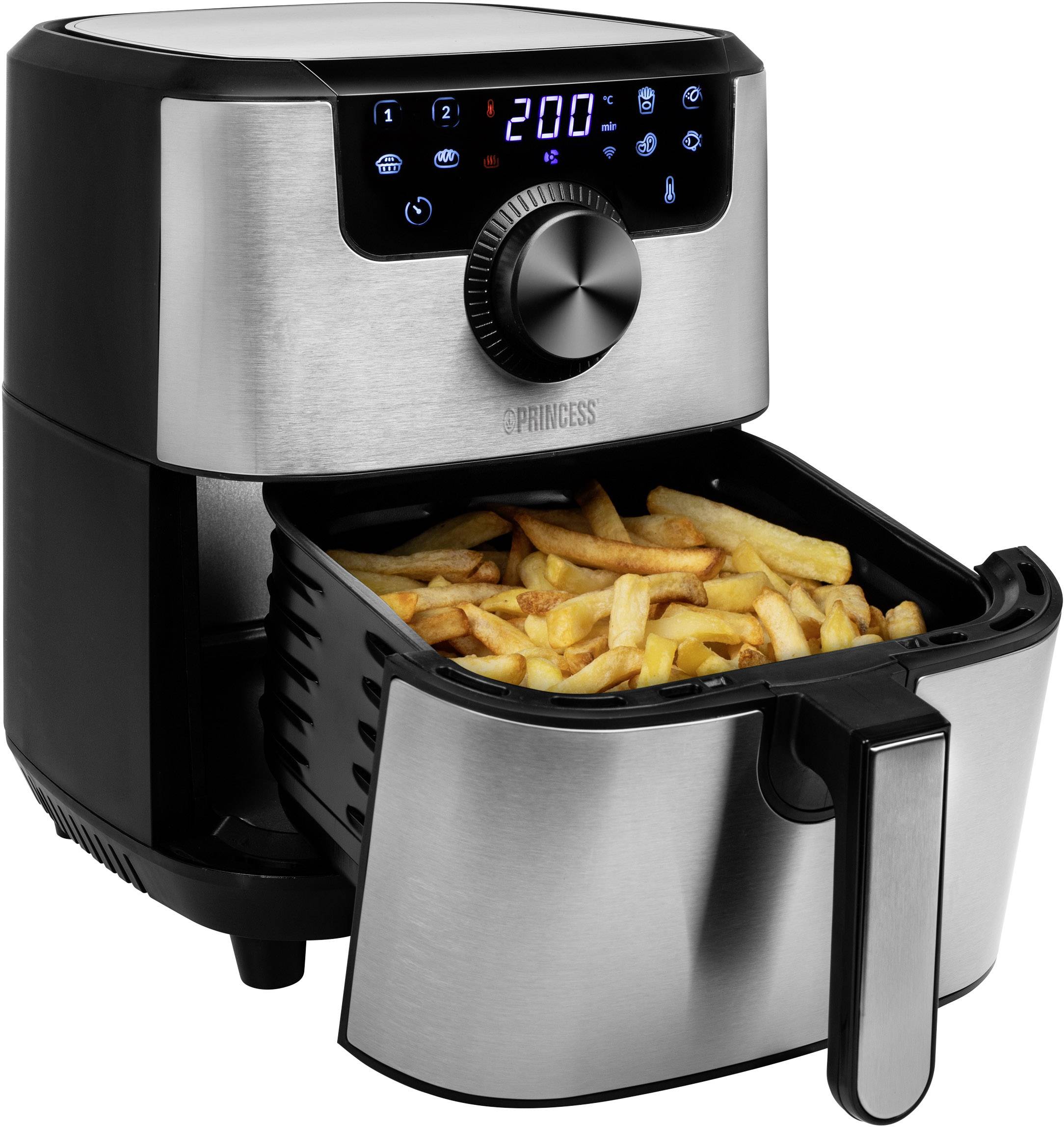 Friggitrice ad aria calda con display digitale, riempita con patatine fritte. L'indicatore di temperatura mostra 200 gradi Celsius.