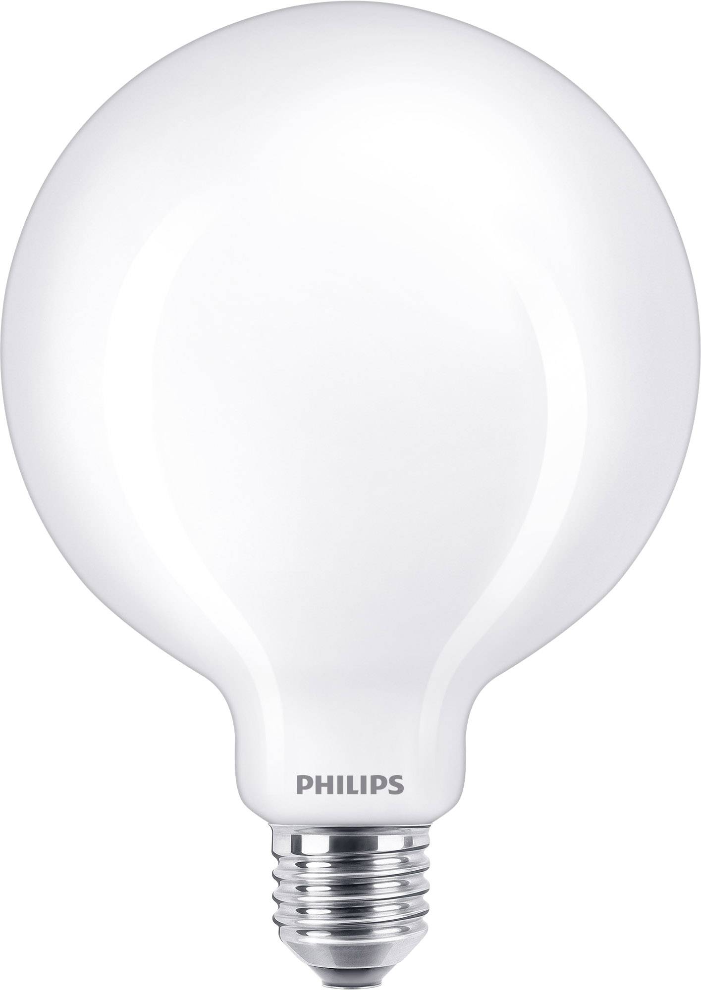 Una lampadina bianca, rotonda, con attacco argentato e la scritta 'PHILIPS'.