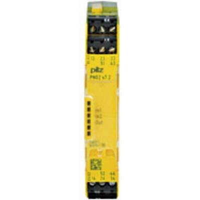 Un relè di sicurezza giallo Pilz, modello PNOZ X2.1, con diversi morsetti di connessione in alto e in basso e LED per l'indicazione dello stato.