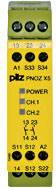 'Modulo relè di sicurezza PNOZ X5, 24V DC, con involucro giallo e indicatore luminoso verde per Power, CH1, CH2. Morsetti disponibili nella parte superiore.'