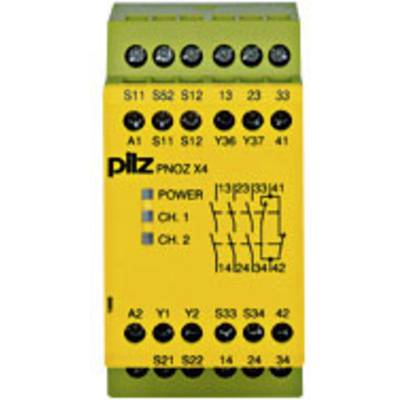Modulo relè di sicurezza con involucro giallo e connettori. Marcature 'POWER', 'CH.1', 'CH.2'. Nome del produttore in alto.