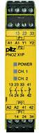 Un modulo relè di sicurezza giallo con più connettori, su cui è riportato 'PILZ PNOZ X1P'. Due LED indicano 'POWER' e 'CH 1/CH 2'.