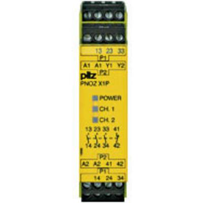 Un modulo relè di sicurezza giallo con più connettori, su cui è riportato 'PILZ PNOZ X1P'. Due LED indicano 'POWER' e 'CH 1/CH 2'.