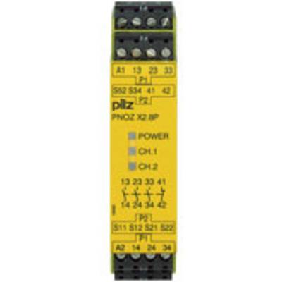 Relè di sicurezza giallo con morsetti multipli e indicatori LED. Marca 'pilz', tipo 'PNOZ X2 IP'. Funzioni principali: POWER, CH1, CH2.