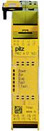 Relè di sicurezza giallo del marchio PILZ, modello PNOZ, con più indicatori LED e informazioni tecniche sul lato frontale.