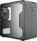 Case per computer nero con pannello laterale trasparente, due porte USB, jack per cuffie e motivo geometrico sul frontale.