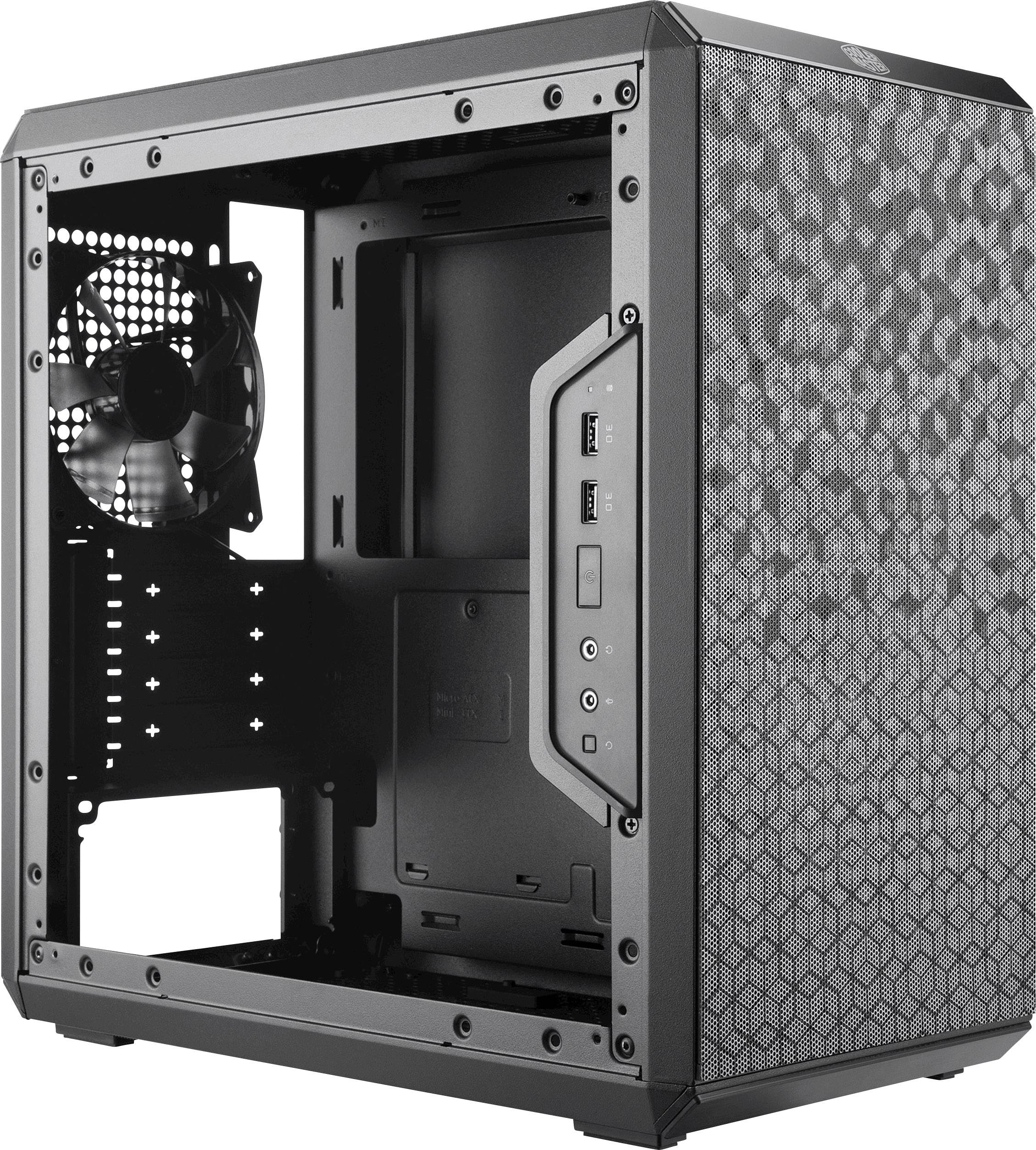 Case nero per computer con un motivo geometrico sulla parte anteriore. I lati aperti mostrano ventole e porte USB in basso a destra sul davanti.