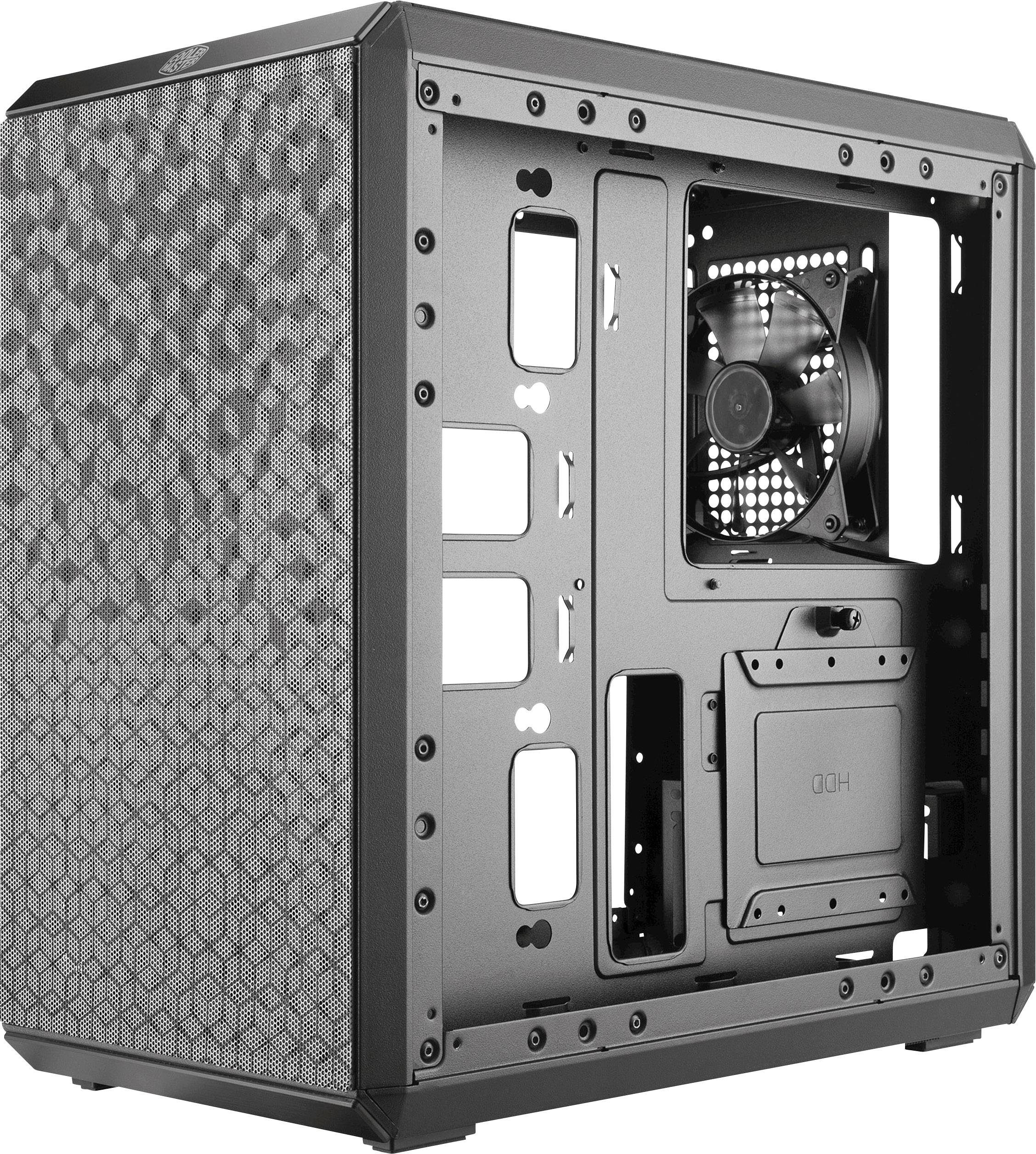 Custodia per computer nera con un motivo geometrico sulla parete laterale. Interno privo di componenti, mostra i ventilatori e lo spazio per l'hard disk.