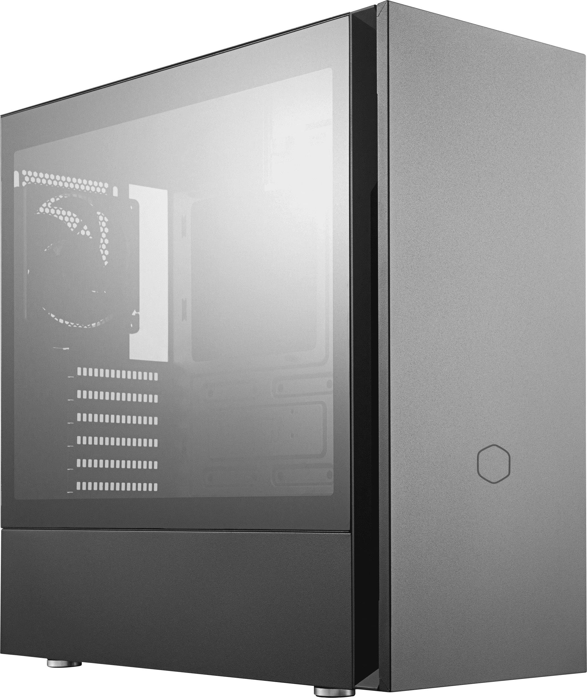 Custodia di un computer desktop con pannello laterale trasparente che mette in mostra l'interno. Design nero e minimalista.