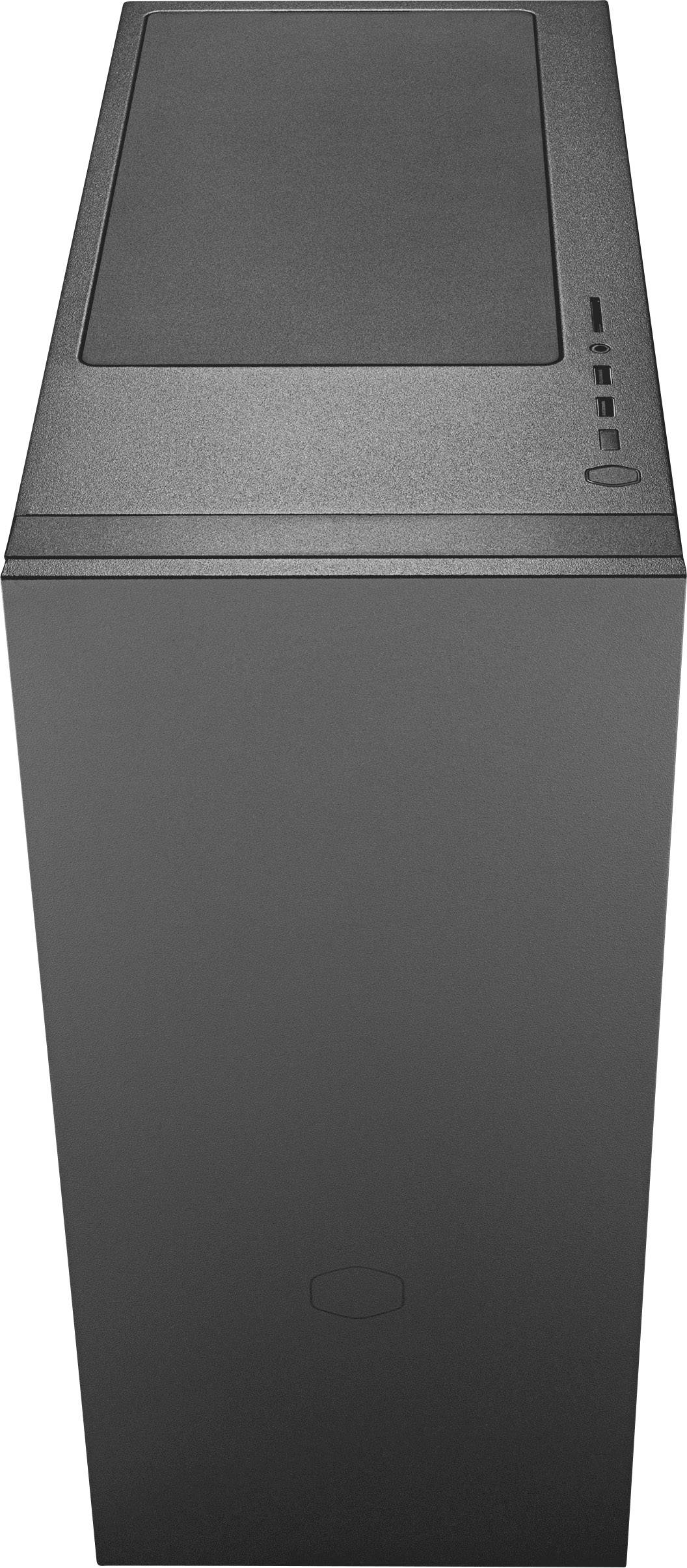 Un case per computer nero in forma stretta e rettangolare. Ha un aspetto liscio e minimalista con possibilità di connessione sul lato frontale superiore.