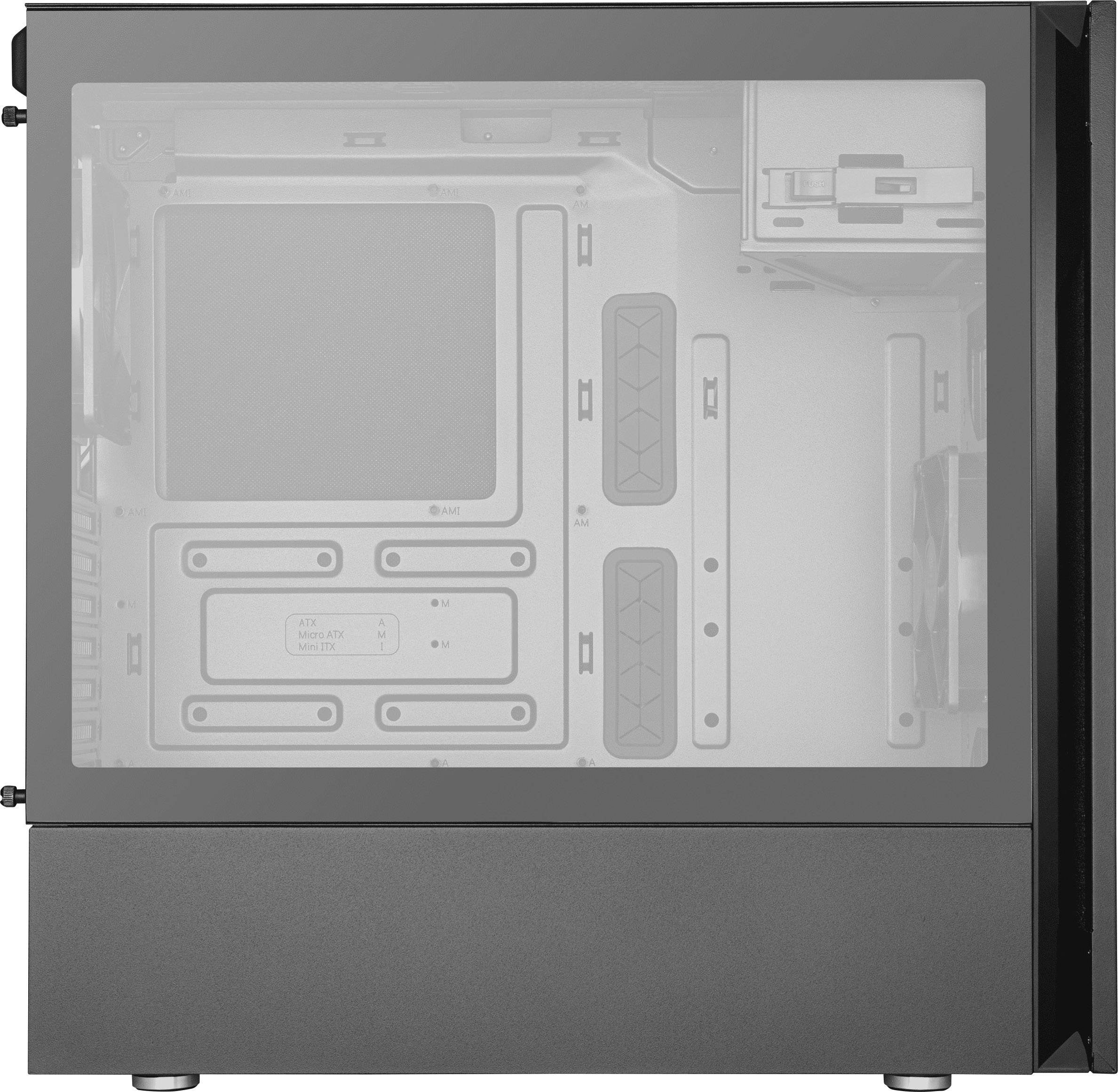 Involucro di un tower per computer con pannello laterale trasparente, che offre una vista dell'interno senza componenti installate.