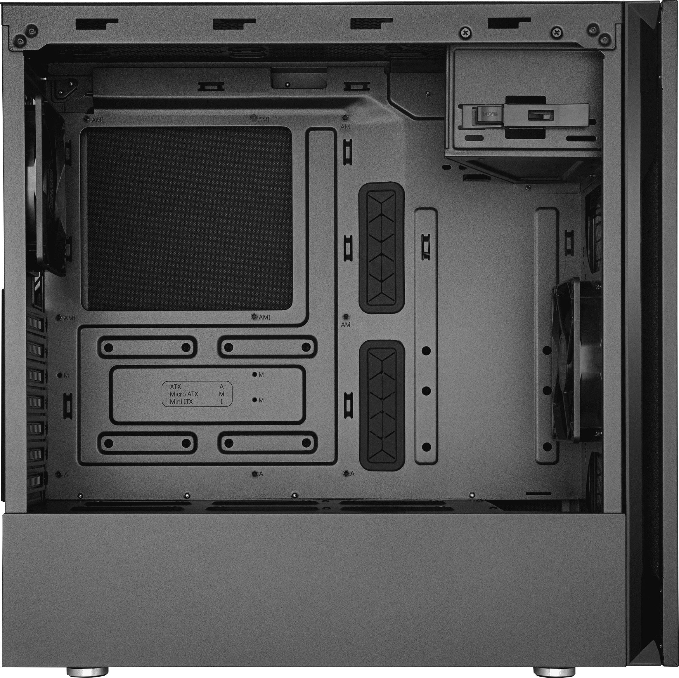 Involucro del computer vuoto, vista laterale senza pannelli laterali, mostra i vani interni e i punti di fissaggio per i componenti hardware.