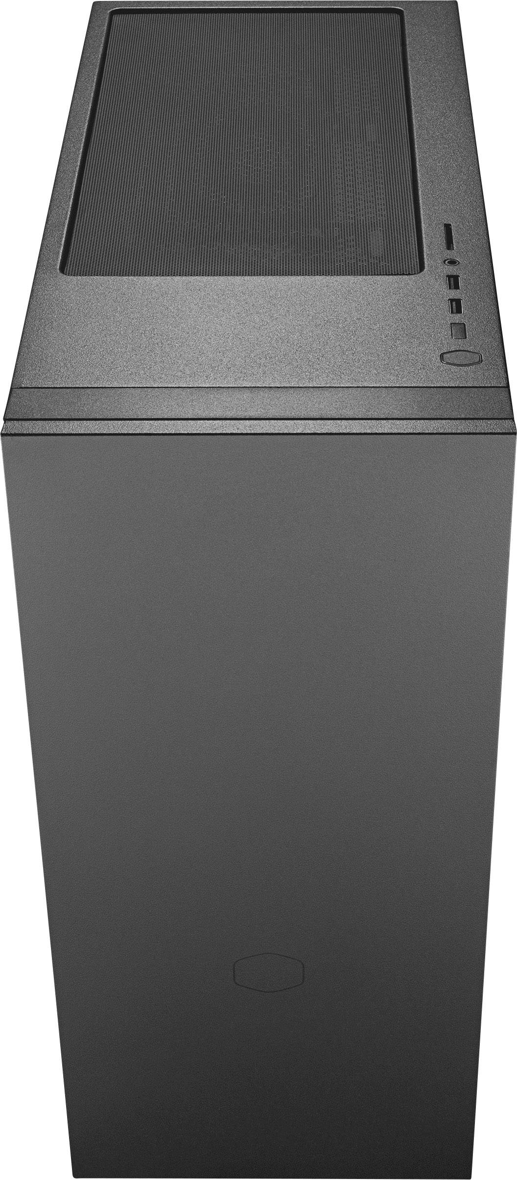Custodia per computer nera in posizione verticale con parte superiore visibile e comandi sul lato destro.
