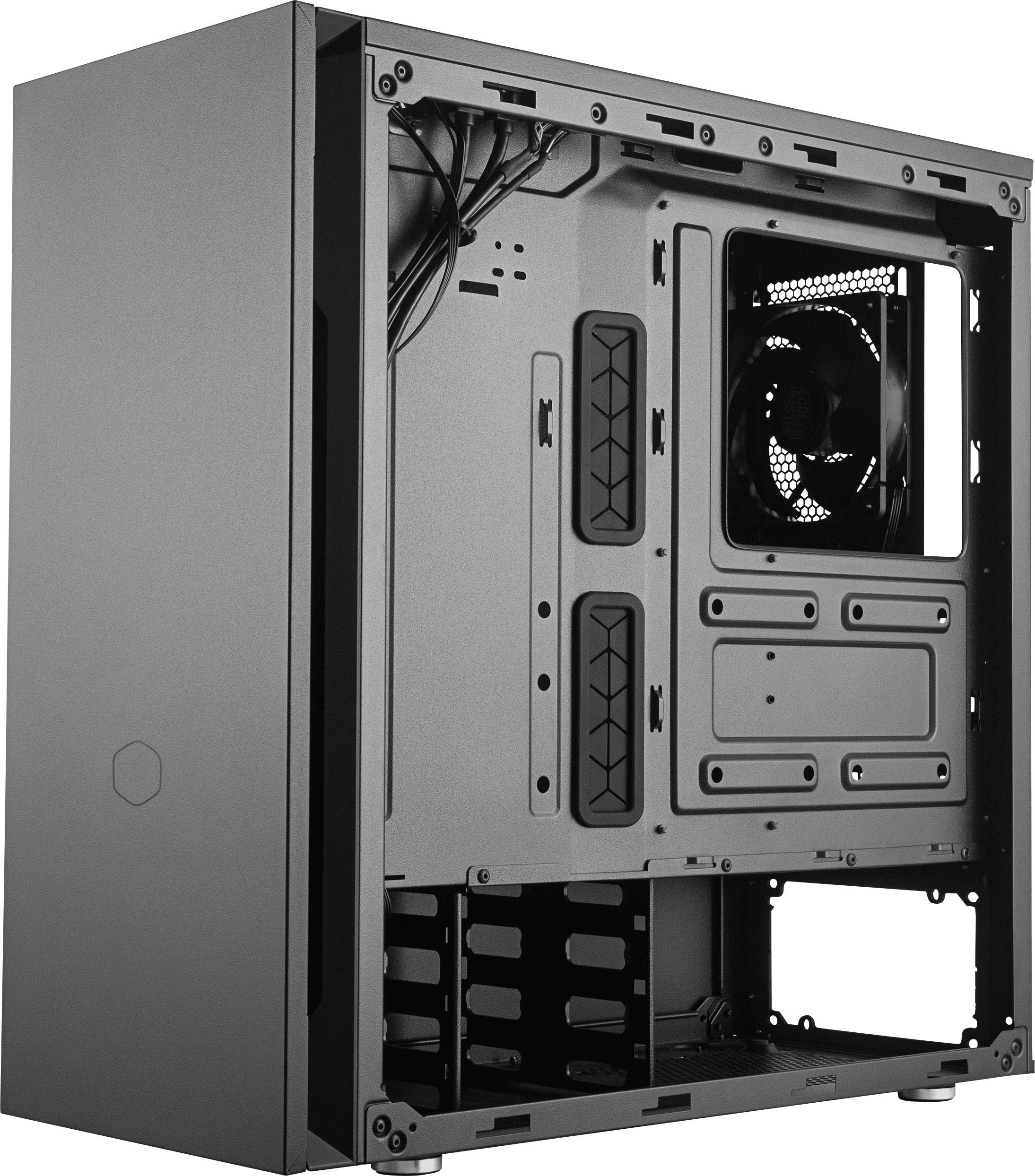 Custodia del computer aperta con interno visibile, ventola montata in alto a destra, diversi slot di espansione e sistema di gestione dei cavi.