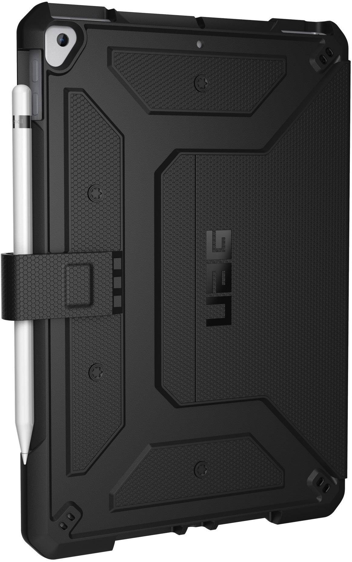 Custodia nera per tablet robusta con portapenna integrato sul lato, design geometrico distintivo, offre protezione e funzionalità.