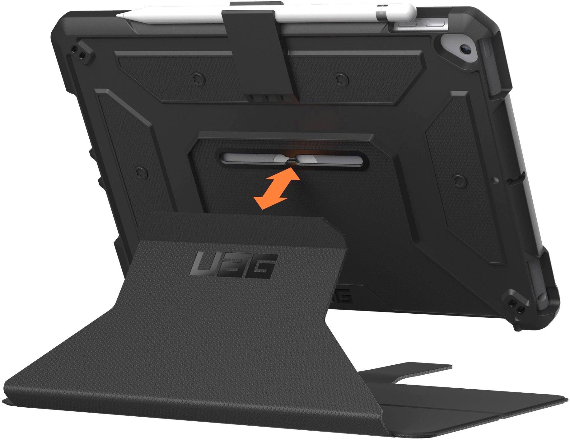 Una custodia nera per tablet con supporto integrato e una penna bianca in alto. Il supporto mostra un movimento a freccia per la regolazione dell'altezza.