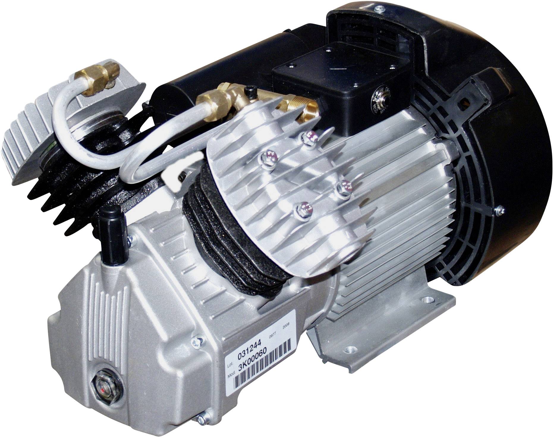 Compressore d'aria elettrico in vista laterale con alette di raffreddamento e attacchi, idoneo per applicazioni industriali.