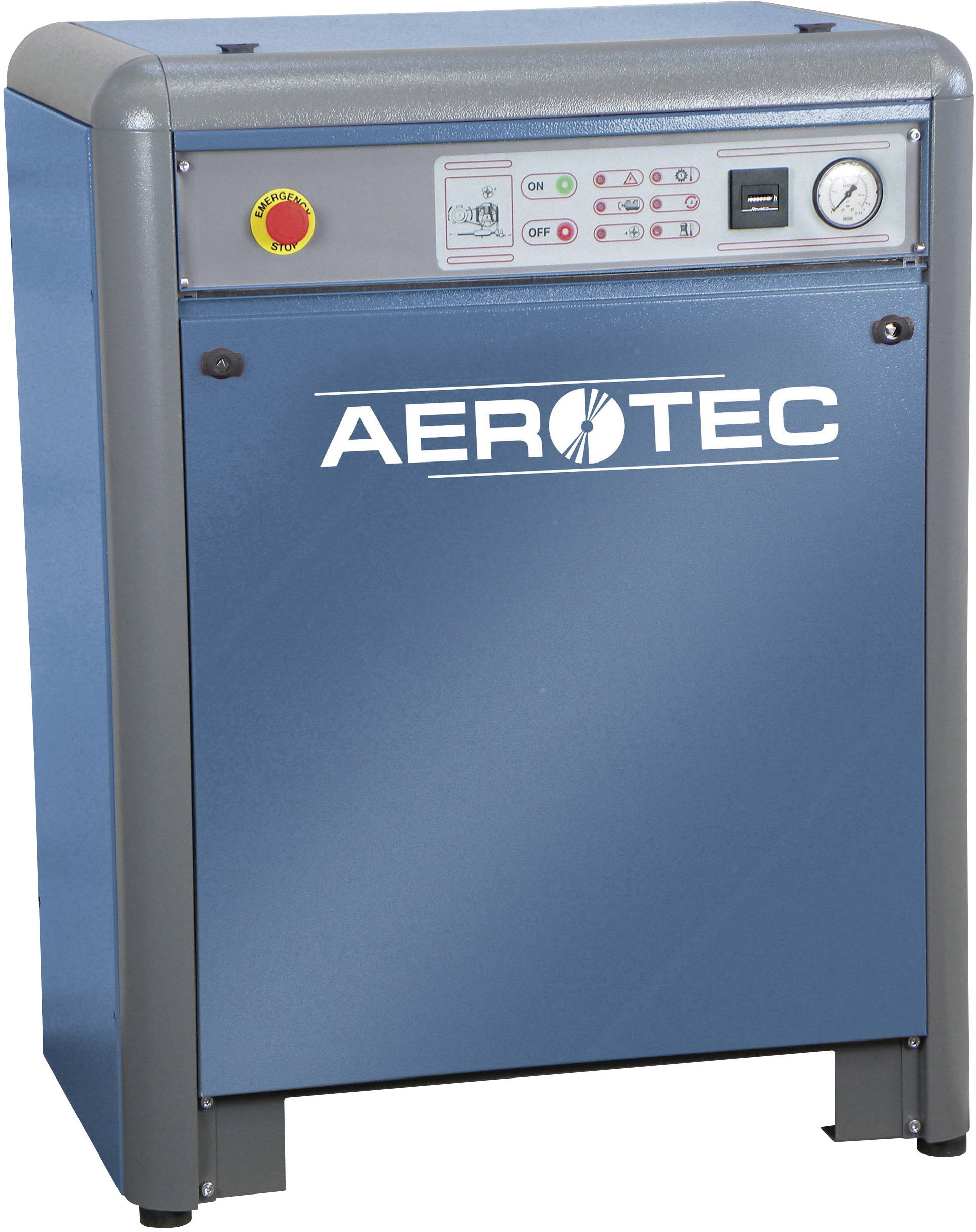 Compressore industriale blu con logo 'AEROTEC', pulsante di emergenza rosso e pannello di controllo con indicatore di pressione.