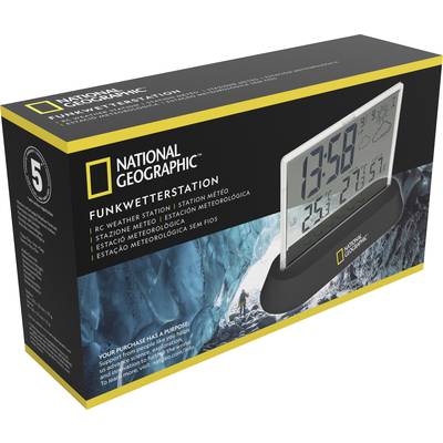 Stazione meteorologica di National Geographic con ampio display per ora, data e temperatura. Confezione con foto di un ghiacciaio sullo sfondo.