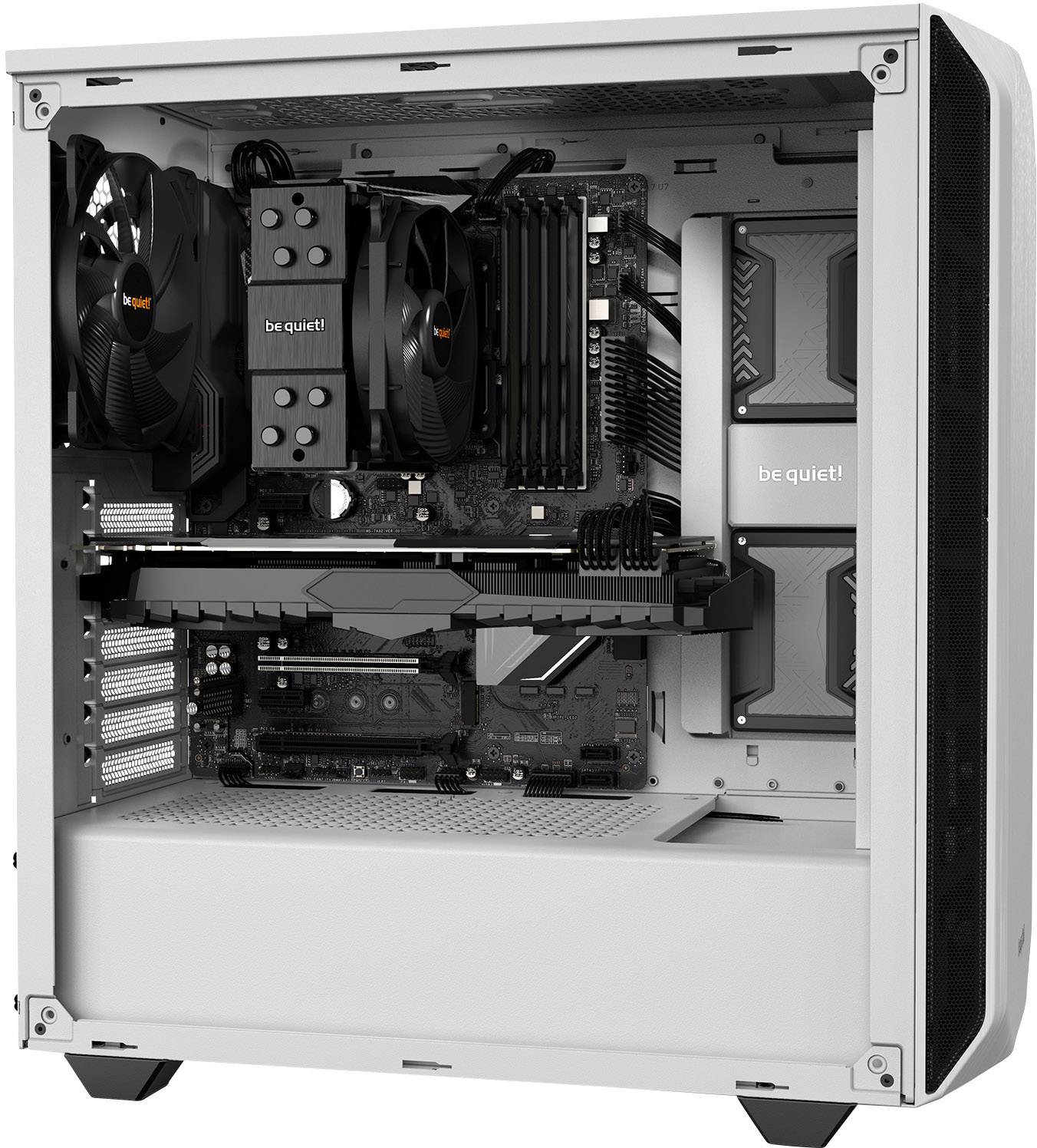 Un computer aperto con componenti visibili come ventole, scheda madre, scheda grafica e RAM in un case bianco.