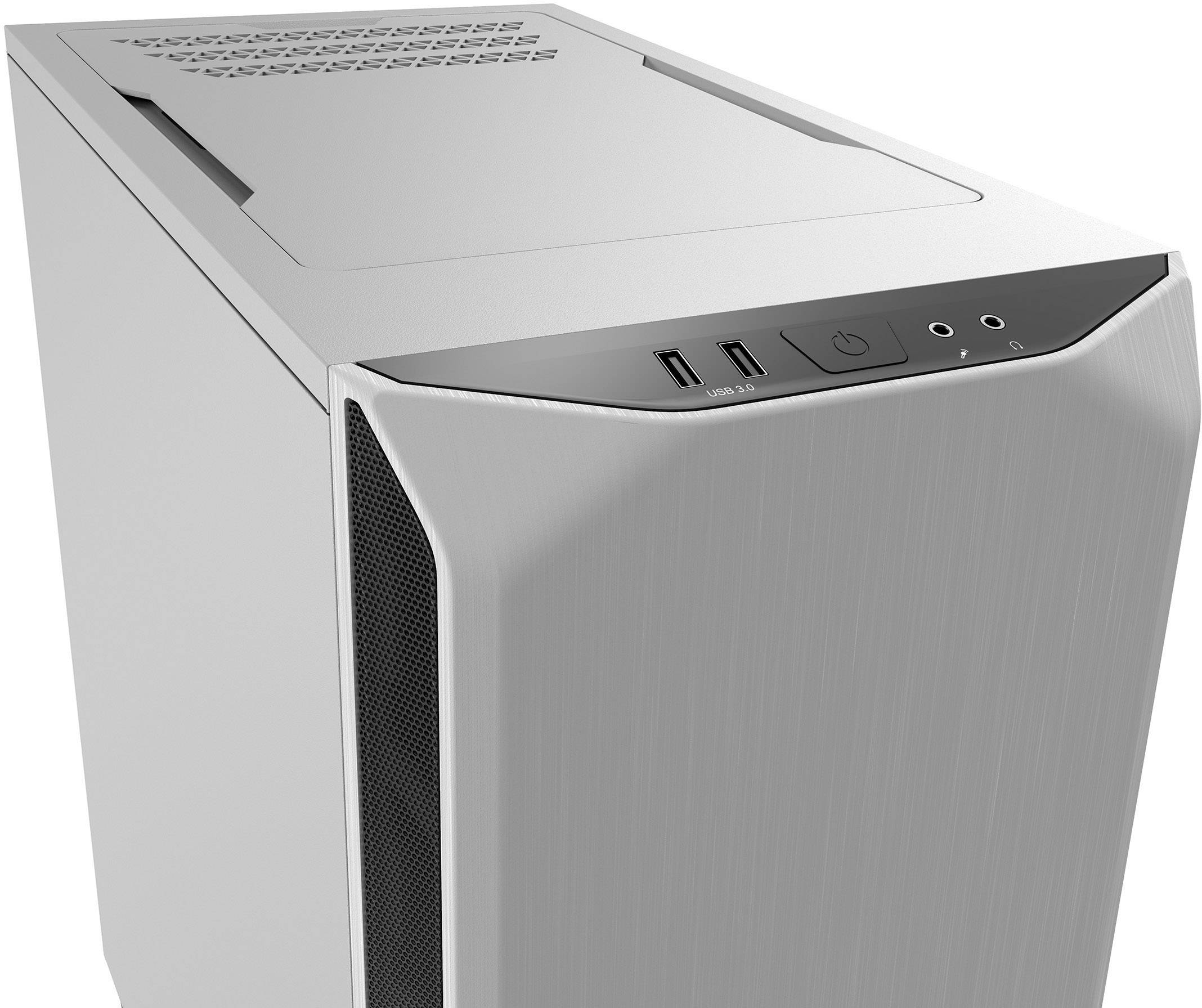 Torre per computer moderna, bianca, con porte USB e fessure di ventilazione sulla parte superiore.