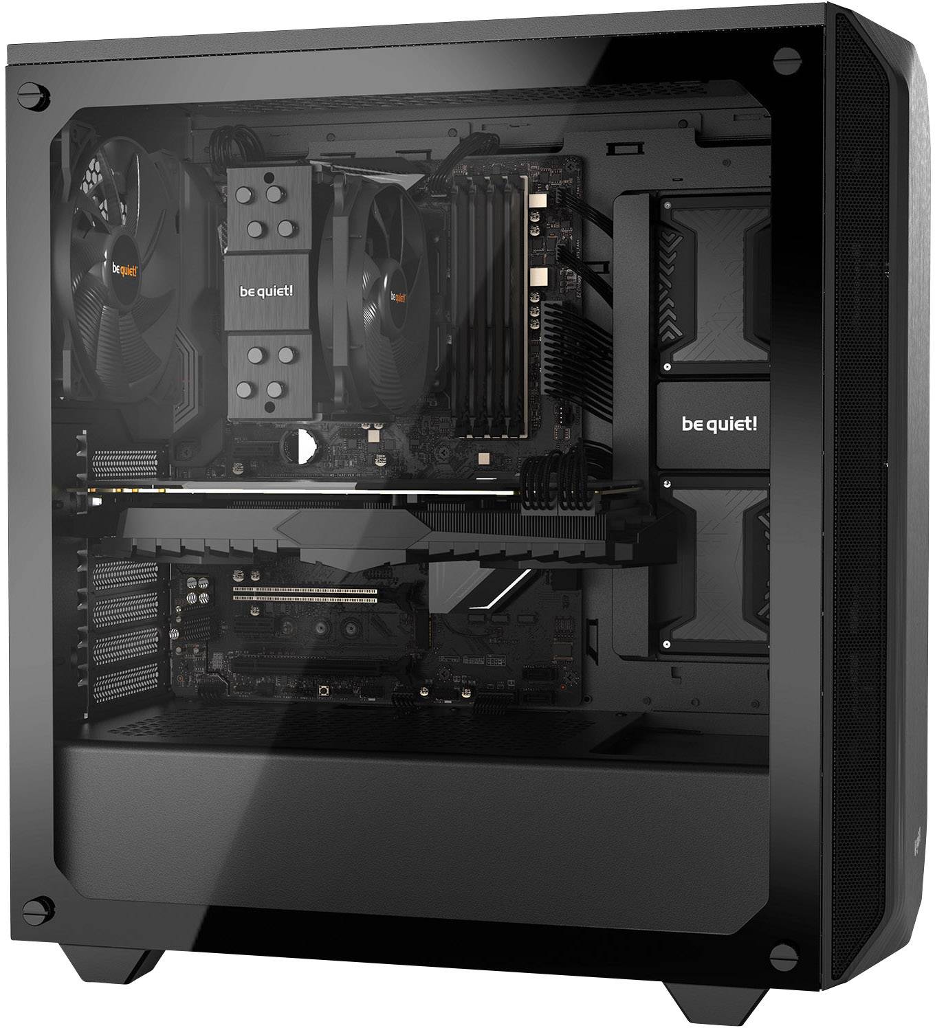 Custodia per PC desktop nera con pannello laterale trasparente. Componenti visibili: ventole, dissipatore della CPU, moduli RAM e scheda grafica.