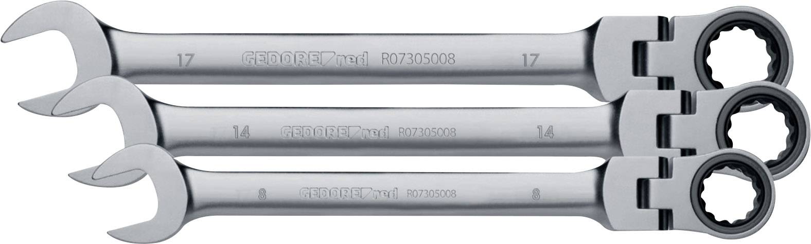 'Tre chiavi combinate in diverse misure con cricchetto da un lato e estremità aperte dall'altro.'