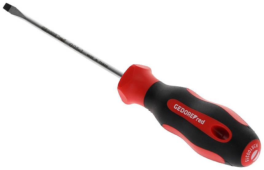 Cacciavite piatto con impugnatura rossa e nera, contrassegnato con 'GEDORE red'.