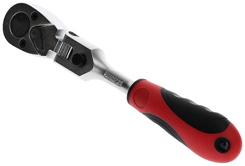 Cricchetto con impugnatura rossa e nera su sfondo bianco, utilizzato per serrare o allentare viti e dadi.