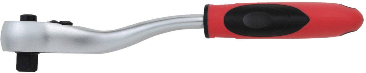 Chiave a cricchetto dritta con manico rosso, vista laterale. Utensile con manopola di regolazione nera all'estremità, utilizzato per allentare o serrare viti.