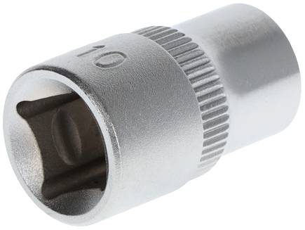 Dado esagonale in metallo per viti, diametro 10 mm, forma cilindrica, superficie zigrinata per una presa migliore.