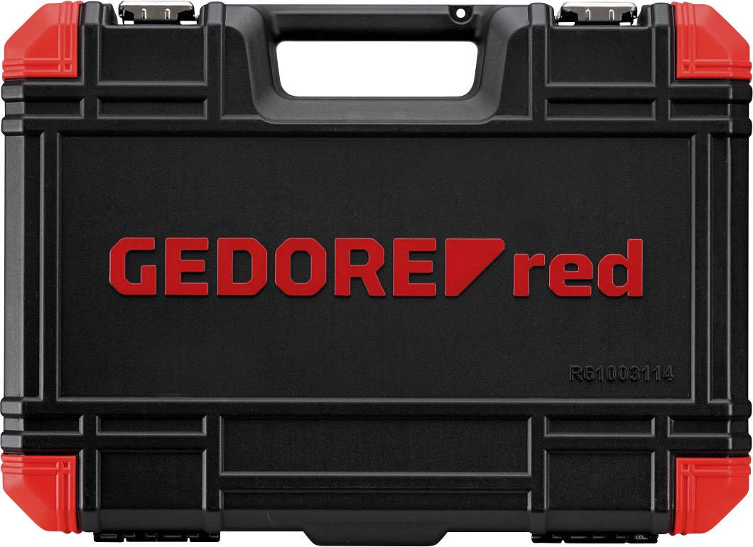 Valigetta nera per attrezzi con logo rosso 'GEDORE red' sul lato anteriore. La valigetta ha angoli rossi e una maniglia superiore per il trasporto.