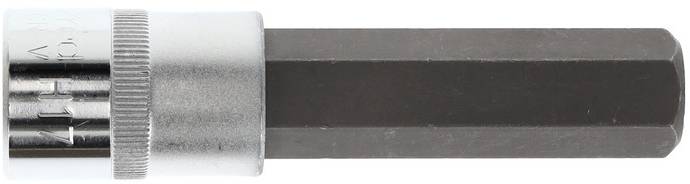 Inserto per cacciavite esagonale metallico con impugnatura argentata e testa esagonale nera, poggiato piatto su una superficie bianca.