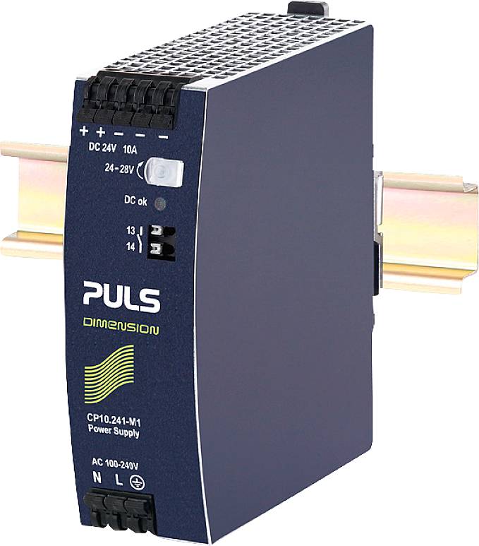 L'immagine mostra un modello di alimentatore PULS CP10.241-M1 per montaggio su guida DIN, con tensione di ingresso 100-240V AC e uscita 24V 10A DC.