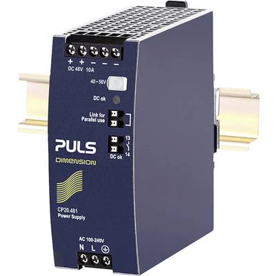 Alimentatore 'PULS Dimension CP20.481', 48V, 10A, montato su guida DIN, con morsetti di connessione per corrente continua e alternata.