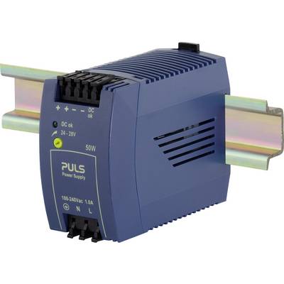 Un alimentatore blu con la scritta 'PULS Power Supply'. Mostra le specifiche 24-28V DC, 100-240Vac, 1.0A, montato su un supporto metallico.