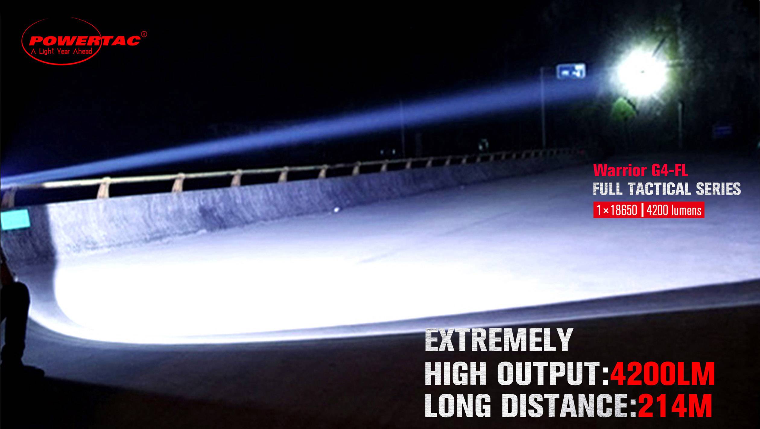 Un fascio di luce chiaro di una torcia nella notte illumina una strada a lunga distanza. Testo evidenzia 4200 lumen e 214 m di portata.