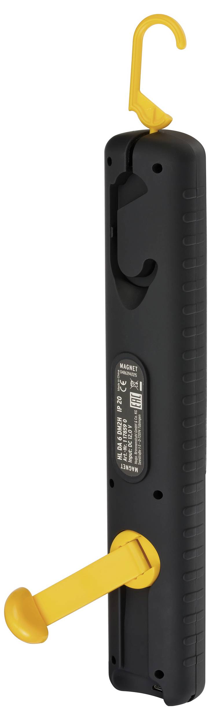 Dispositivo portatile nero con ganci/maniglie gialle nella parte superiore e inferiore, mostrato su uno sfondo bianco.