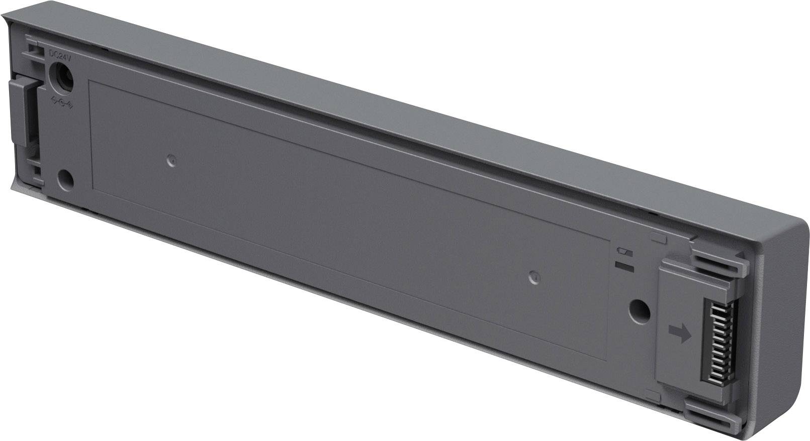 Dispositivo elettronico grigio di forma rettangolare con connettore sul lato destro. Adatto all'installazione in un sistema più ampio.